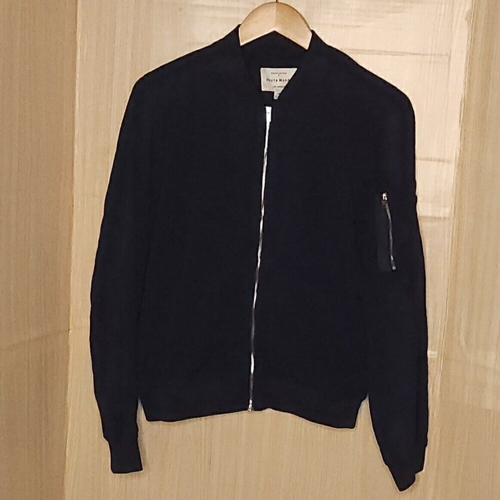 Haute Monde Womens Silky Navy Blue Bomber Jacket Medium